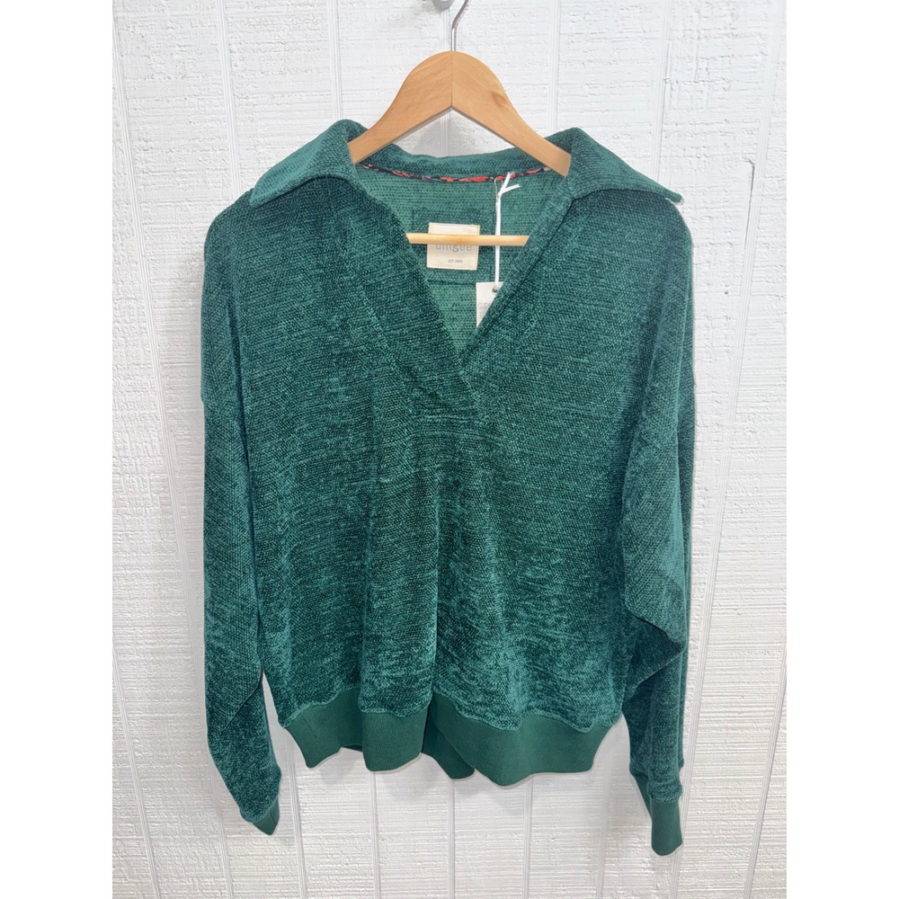 Umgee Chenille Pullover Women Green V-Neck Collared Sweater C4151 S